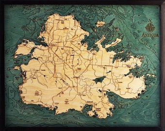 Antigua Wood Carved Topographic Depth Map / Chart