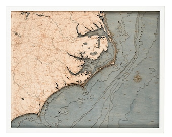 North Carolina Coast Wood Carved Topographic Depth Chart / Map