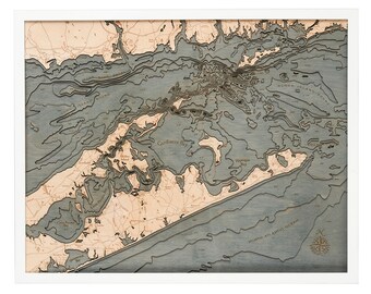 Hamptons / East Long Island Sound Wood Carved Topographic Depth Chart / Map - White Frame - 3 Frame Options