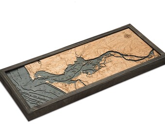 Columbia River Mouth, OR Wood Carved Topographic Depth Chart / Map - Gray