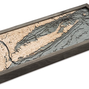 Carte/carte de profondeur topographique en bois sculpté Long Island Sound - cadre clair - 3 options de cadre