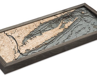 Long Island Sound Wood Carved Topographic Depth Map / Chart - Light Frame - 3 Frame Options