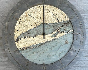 Long Island Sound Tide Clock Wood Carved Topographic Clock