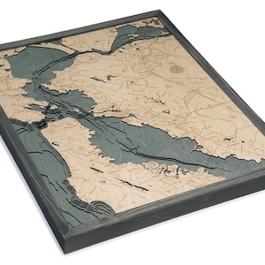 Carte/Carte de profondeur topographique en bois sculpté de San Francisco/Bay Area - Gris