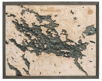 Lake Winnipesaukee Wood Carved Topographic Depth Chart / Map (Gray)