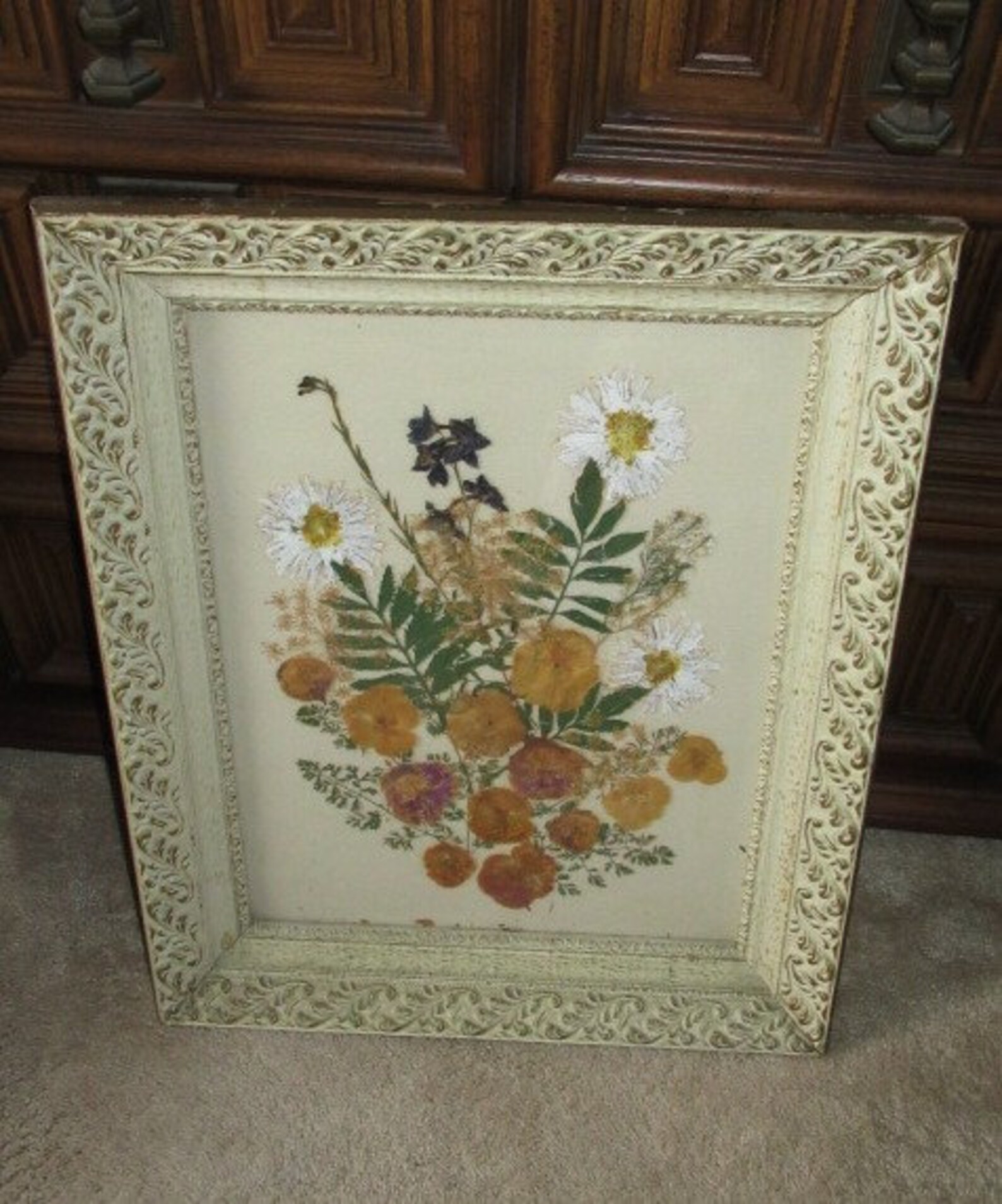 DRIED PRESSED FLOWERS Antique Frame Arrangement Dry Bouquet Vintage