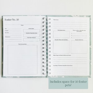 May include: A spiral-bound pet foster journal with a sage green cover featuring white line drawings. The open pages include printed fields for pet name, age, arrival date, gender, breed, adoption date, nicknames, and sections for stories, personality traits, milestones, and photos.