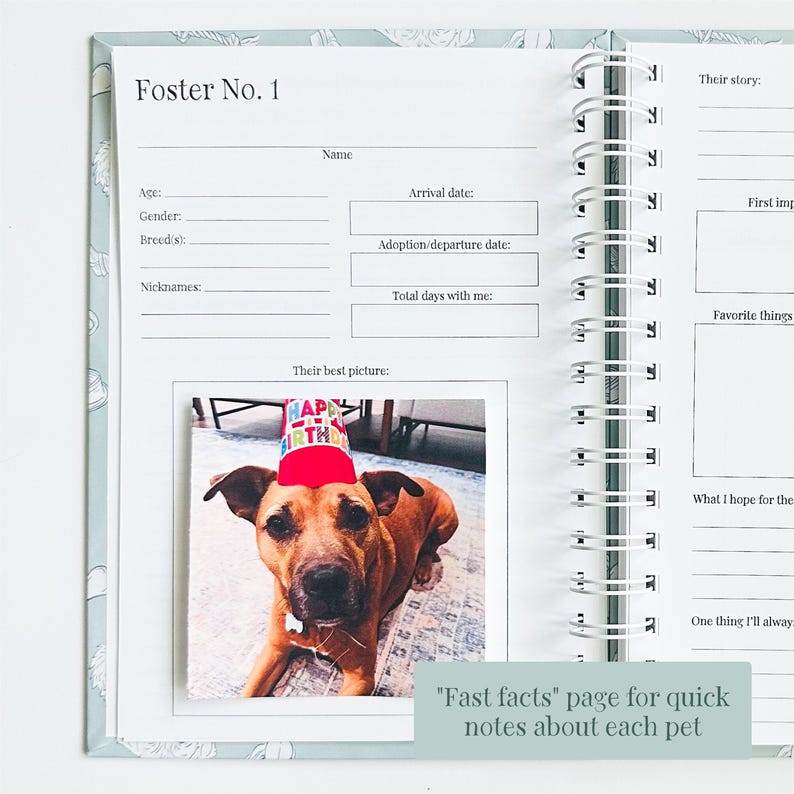 May include: A spiral-bound foster pet journal open to a page titled Foster No. 1. The page includes fields for name, age, gender, breed, arrival date, and nicknames. A square photograph of a brown dog wearing a red birthday hat is attached.