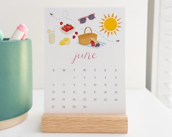 Handmade Desk Calendar, Wooden Stand Calendar, Monthly Desktop Calendar, Illustrated Office Decor, Start Any Month