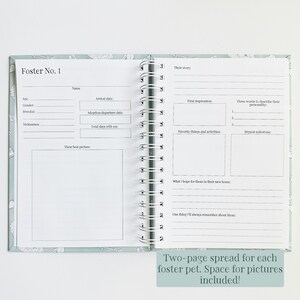 May include: A spiral-bound journal open to a two-page spread titled Foster No. 1. The left page includes fields for name, age, gender, breed, nicknames, arrival and departure dates, and a box for a picture. The right page has sections for story, first impressions, personality, favorite activities, milestones, and memories.
