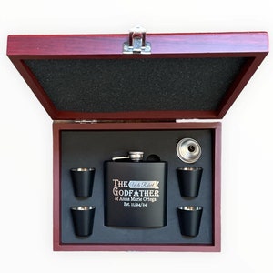 Godfather Proposal Flask and Shot Glasses in Wood Gift Box | Godfather Gift | Personalized Christening Gift | 3 Styles