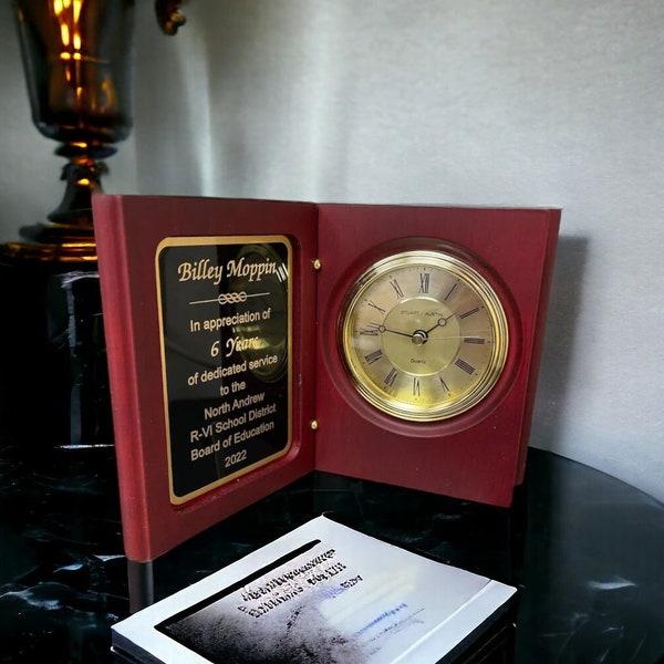 Personalized Desk Clock Book Clock Plaque. Hand Rubbed Mahoghany Finish