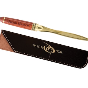 Deluxe Personalized Letter Opener, Engraved Wood and Brass Letter Opener, Personalized Leather Sleeve,
