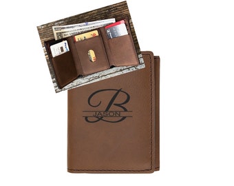 Mens Personalized Wallet, Brown Trifold Wallet, Engraved Leather Wallet, Fathers Day Gift
