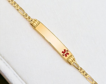 14K Solid Gold Medic ID Bracelet, Personalized Ladies 8" Medical ID, History Alert Custom, Figaro Bracelet