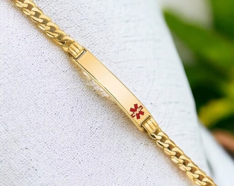 Personalized 14K Solid Gold Medic ID Bracelet Ladies 8" Medical History Alert Custom