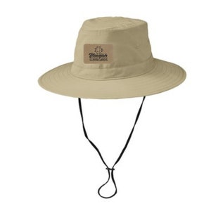 May include: A beige sun hat with a black chin strap and a brown patch with the text "Blowfish Surfboards".