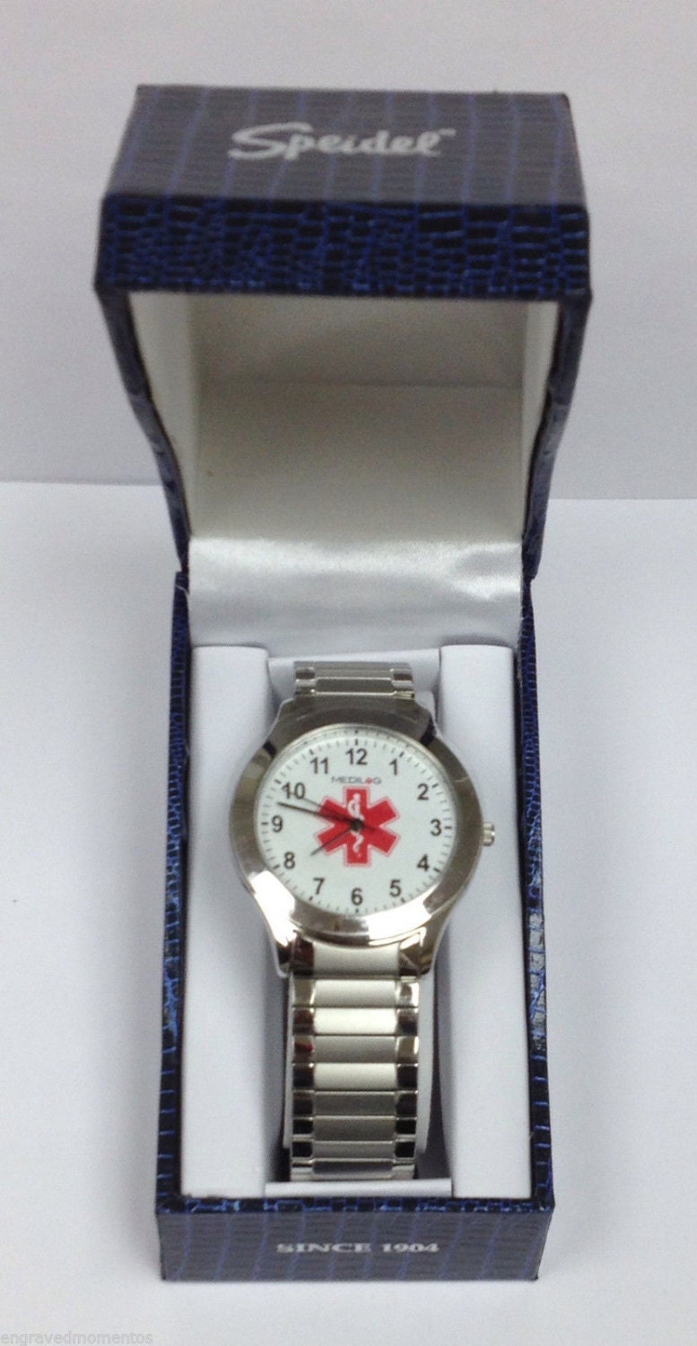 Medic Id Alert Watch Mens Speidel Twist O Flex Gold Silver Band 2 Yr Waranty Engraved Free
