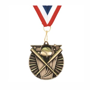 Baseball Medal, 2&quot; Cast Medal, T-Ball Medal, Engrave Your Own or Present As Is, Includes Free Red, White & Blue Neck Ribbon