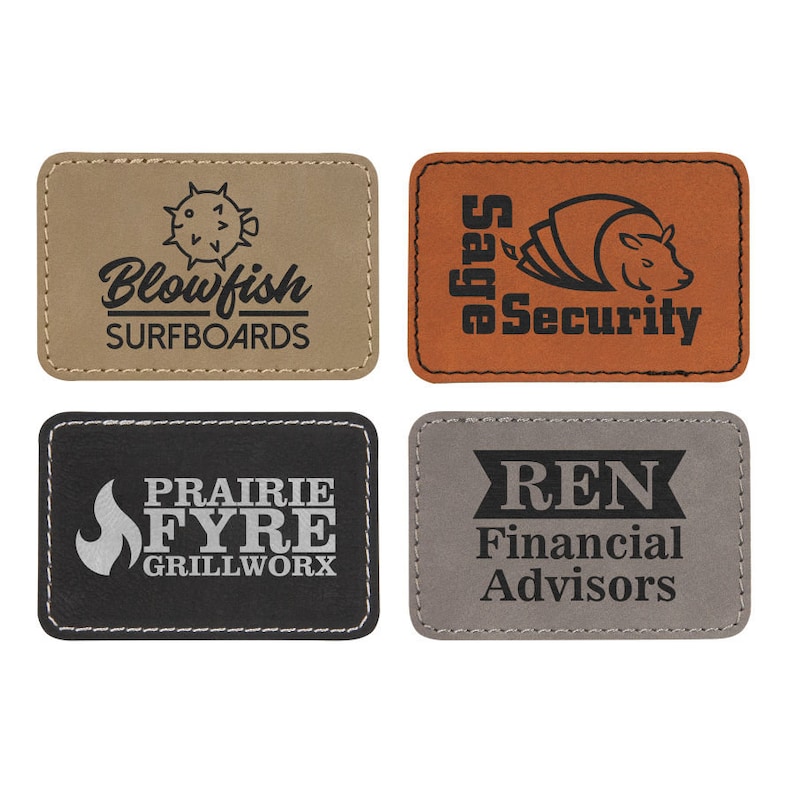 May include: Four different leather patches with stitched edges. The patches are in various colors, including brown, tan, gray, and black. Each patch features a different logo or text. The logos include a blowfish, a stylized armadillo, a flame, and a banner with the text "REN". The text on the patches includes "Blowfish Surfboards", "Sage Security", "Prairie Fyre Grillworx", and "REN Financial Advisors".