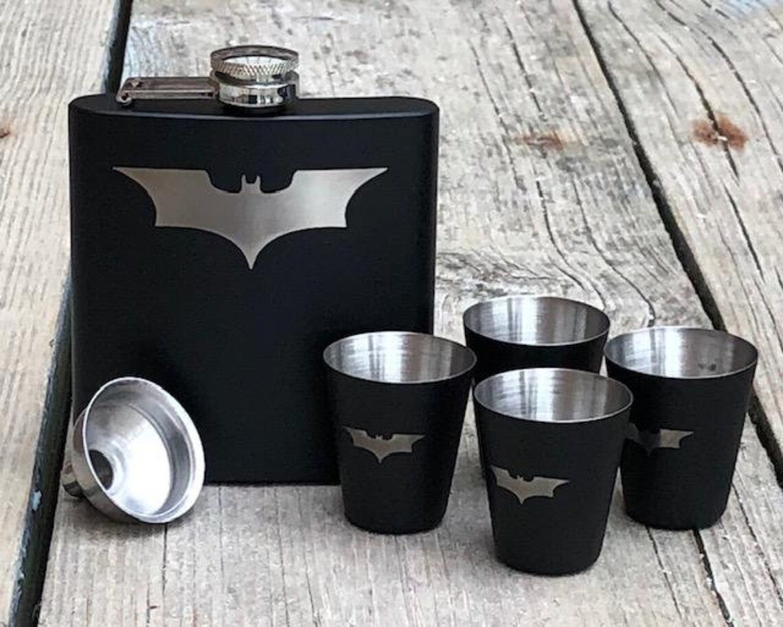 Deluxe Batman Dark Knight Inspired 6 Piece Flask Set With Wood Etsy