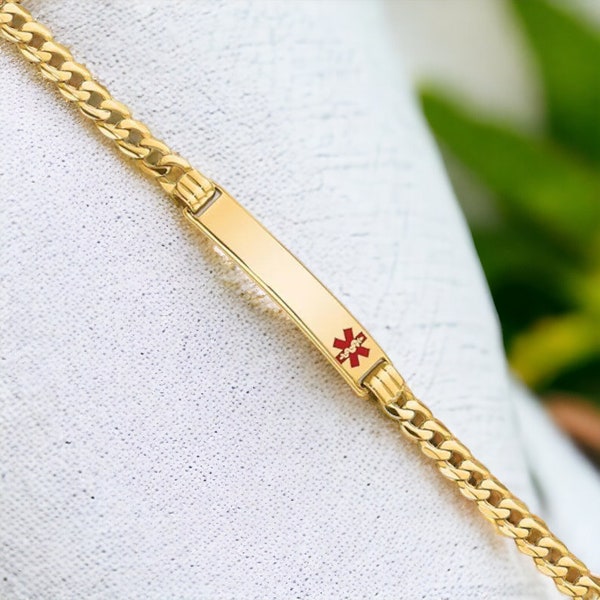 Personalized 14K Solid Gold Medic ID Bracelet Ladies 7" Medical History Alert Custom