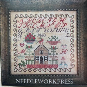 May include: A vintage cross-stitch sampler with the text "MH 1860 A CHEERFUL 19TH CENTURY SAMPLER" and a colorful design featuring a house, flowers, birds, and the alphabet.