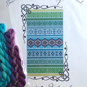 May include: Cross stitch pattern for a peacock band sampler. The pattern is titled "Peacock Band Sampler" and includes the text "NEN 048 - Cross Stitch ONLY Version". The pattern is from Northern Expressions Needlework, Port Dover, Ontario, Canada. The pattern includes a variety of colors, including blue, green, purple, and yellow.