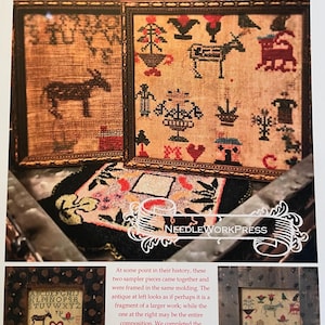 May include: Two framed samplers with donkey designs. The samplers are displayed on a textured surface. The text "Two Donkey Samplers" is at the top. The samplers feature various stitched designs, including donkeys, flowers, and other symbols.