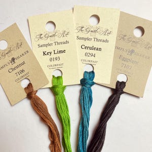 May include: Four embroidery floss skeins with color swatches and labels. The colors are chestnut, key lime, cerulean, and eggplant. The labels include the color name, number, and "Colorfast" branding.