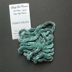 May include: A skein of hand-dyed, teal-colored chenille yarn labeled "Ogden Grass" by Lady Dot Creates. The label indicates the yarn is 100% cotton and 3 yards in length. The yarn is soft and plush, ideal for crafting.