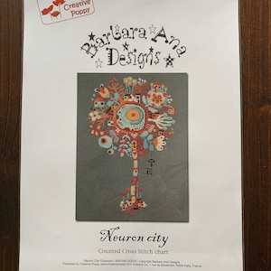 May include: A counted cross stitch chart pattern for a colorful neuron city design. The pattern is titled "Neuron city" and is published by Creative Poppy.