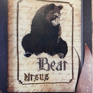 May include: A cross-stitch embroidery of a black bear sitting on a beige background with the text "Bear Versus" in black.