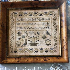 May include: A framed cross-stitch sampler with the text "The Winter is Past" and the alphabet in a floral design. The sampler is in a brown wooden frame with a burl wood finish. The text "Blackbird Designs" is below the frame.
