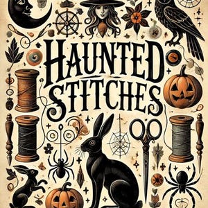 May include: A vintage-style illustration featuring a black rabbit, a spider, a witch, a pumpkin, and spools of thread. The text "Haunted Stitches" is featured in the center of the image. The text "The Primitive Hare Book Collection - 2023" is featured at the bottom of the image.