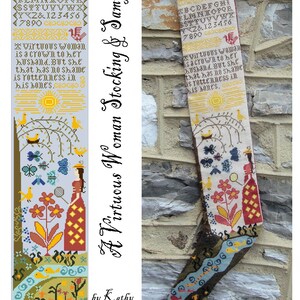 May include: A cross-stitch sampler and stocking with the text "A Virtuous Woman Stocking & Sampler" by Kathy Barrick. The design features floral and bird motifs, a river scene, and the quote "Virtuous woman is a crown to her husband."