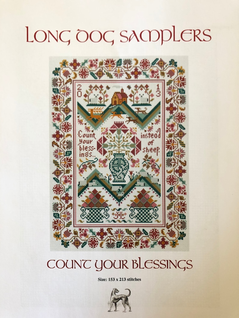 COUNT Your BLESSINGS /Long DOG Samplers / cross stitch chart / Etsy