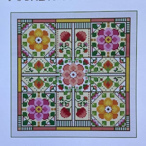 May include: Cross stitch pattern for a sampler featuring a floral design with a variety of flowers in shades of pink, yellow, and red. The pattern is titled "Pocketful of Posies" and is by Carolyn Manning Designs.