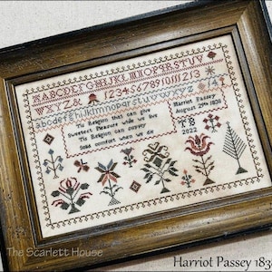 HARRIOT PASSEY 1838 / The Scarlett House / Sampler Reproduction / cross stitch chart / pattern only