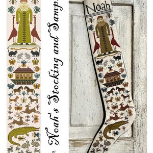 May include: A cream-colored Christmas stocking with a black trim, featuring a cross-stitch design. The design includes the word "Noah", a figure, animals, and the text "Noah's Stocking and Sampler by Kathy Barrick".