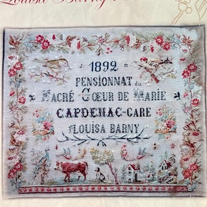 May include: A vintage embroidered textile featuring floral and bird motifs, with the text "Louisa Barny 1892" and "Reflets de Soie." The design includes a cow, dog, and houses, framed by a floral border.