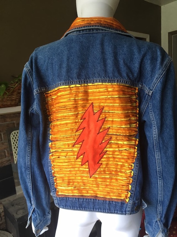 Medium Women's Denim Jacket, Upcycle Denim Jacket, Back Patch, Lightning Bolt, Classic Rock, Grateful Dead, 13 Point Bolt Patch, Ribbon, Red