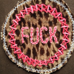 Hand Embroidered Patch, Animal Print, Fuck, Pink, Profanity, Expletive, Punk, Small Patch, Sew On, Brown, Free Shipping, Swear, Vulgar