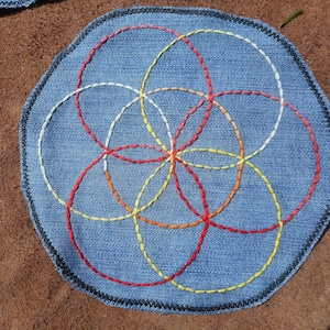 May include: A denim patch with a colorful embroidered design. The design features overlapping circles in red, white, yellow, and orange thread. The patch has a dark blue edge with a black stitched border.