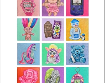 90’s Collection Original Art Print - Retro, Nostalgia, 90s Kids, Toys, UK British Culture Pop Art