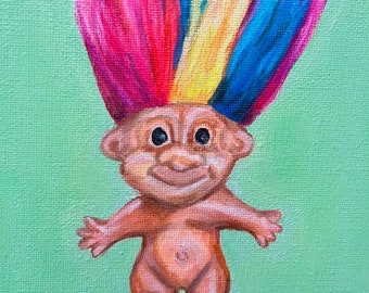 90s Collection: Troll Original Acrylic Painting - 6x6” Canvas - Retro Vintage 90s Kids Toys Nostalgia