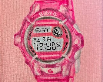 90s Collection: Baby-G Casio Original Acrylic Painting - 6x6” Canvas - Retro Vintage 90s Watch Pink