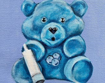 90s Collection: Loveable Bear Original Acrylic Painting - 6x6” Canvas - Retro Vintage 90s Kids