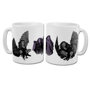 May include: White ceramic mug with a black and purple illustration of a fantasy creature with large wings. The artwork depicts a woman-like figure in a crouching position. The mug has a white handle and a white interior.