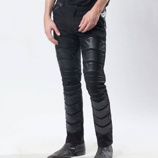 MEN'S VENOM PANTS - Black Jeans Twill Snake Cruelty Free Leather Rivethead Mad Max Punk Industrial Goth Festival Military Zipper Wasteland